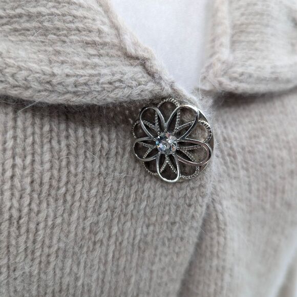 Sarah Spencer Wool Angora Beige Snap Brooch Open Cowl Cardigan Size Small - Picture 4 of 6